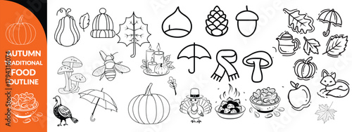 Autumn traditional food icon, thanksgiving day holiday table hand drawn doodle line illustration set. Harvest fall pumpkin, celebration turkey, dessert pie, November eatery design element.  big set 
