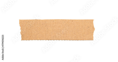 Torn kraft paper strip isolated on white background, rough textured brown cardboard piece for crafts, collage, scrapbooking, labeling, journaling