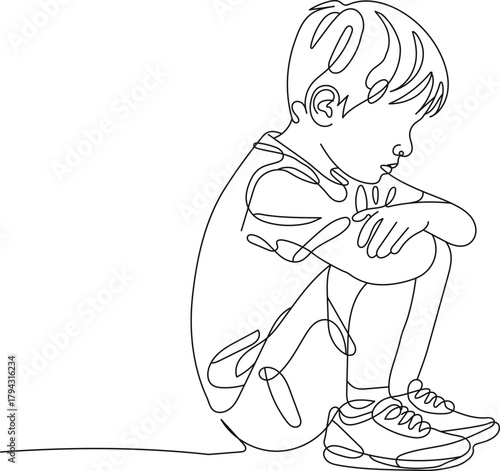 Sad boy sitting alone line art vector.