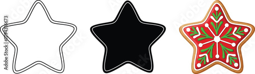 Set of three starshaped gingerbread cookies in outline, silhouette, and full color, perfect for holiday designs
