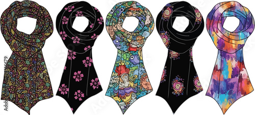Collection of five stylish scarves with different patterns, perfect for fashion and accessory design projects