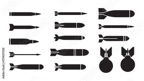 Set of warhead icons black silhouette vector illustration of bombs and missiles isolated on white background