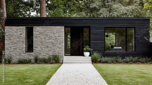 Modern minimalist house design with stone and wood finishes in a serene garden setting