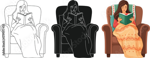 A woman is reading a book while sitting in an armchair, three different versions line art, silhouette, and color