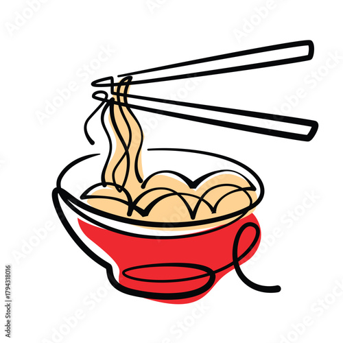 Noodles in a bowl one line drawing. Noodles in a bowl single line illustration. Noodles in a bowl minimalist line art. Noodles in a bowl vector art