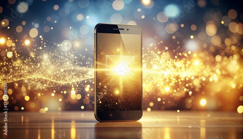 Smartphone with a glowing message notification surrounded by golden light particles and bokeh.