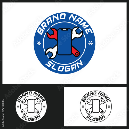 Circular, dynamic logo for phone repair or tech service. Features a blue smartphone and two crossed wrenches (red and white) inside a blue ring with bold text slots