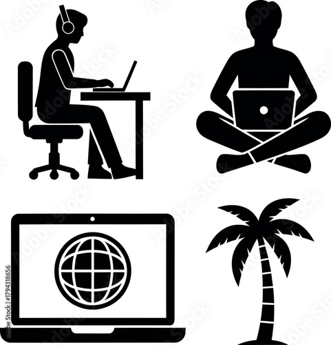 Four black silhouette icons for remote work and digital nomadism isolated on transparent background