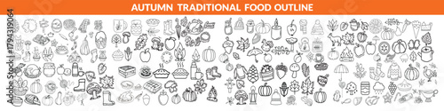 Autumn traditional food icon, thanksgiving day holiday table hand drawn doodle line illustration set. Harvest fall pumpkin, celebration turkey, dessert pie, November eatery design element.  big set 