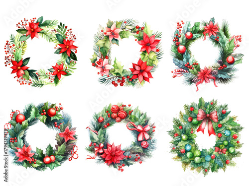 Watercolor Christmas wreaths with holly, poinsettias, and ornaments