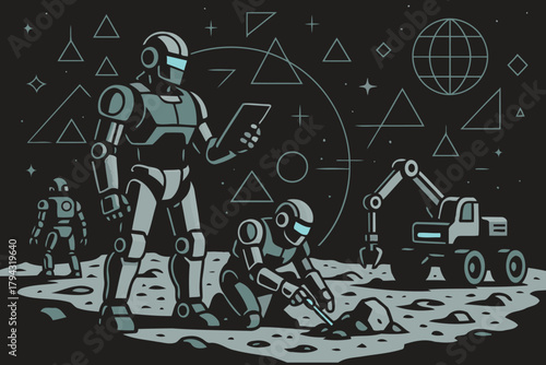 Futuristic robots and construction equipment working on a desolate alien planet with geometric diagrams in the background
