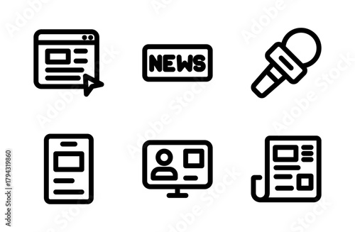 Modern News and Media Icon Set for Journalism and Communication Design Projects, Press Illustration Collection for Broadcasting and Information Concepts