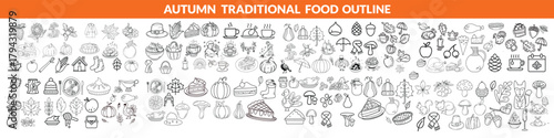 Autumn traditional food icon, thanksgiving day holiday table hand drawn doodle line illustration set. Harvest fall pumpkin, celebration turkey, dessert pie, November eatery design element.  big set 