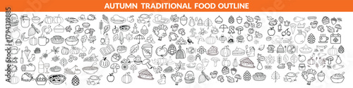Autumn traditional food icon, thanksgiving day holiday table hand drawn doodle line illustration set. Harvest fall pumpkin, celebration turkey, dessert pie, November eatery design element.  big set 