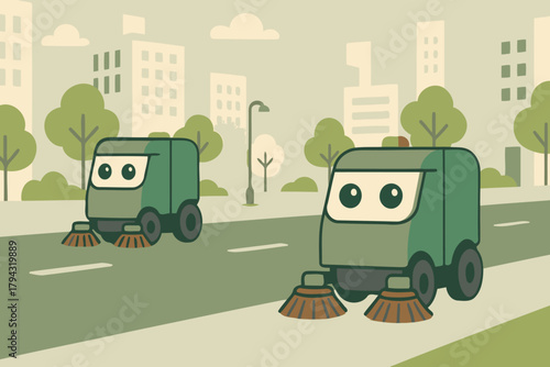 Two cute cartoon street sweeper vehicles cleaning a city road with buildings and trees in the background
