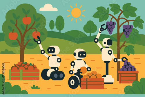 Robots harvesting fruit and grapes in a sunny orchard with rolling hills and green trees in the background