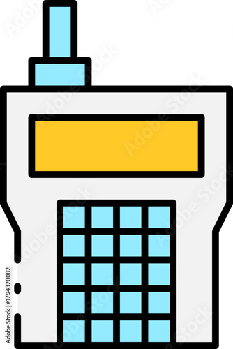 Vector icon of a portable walkie talkie transceiver. Two-way radio communication device symbol with antenna and keypad for web design
