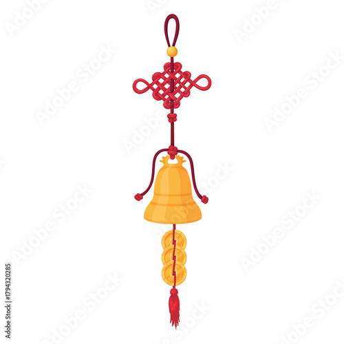 Chinese tradition luck knot featuring golden coins and a bell for prosperity and good fortune