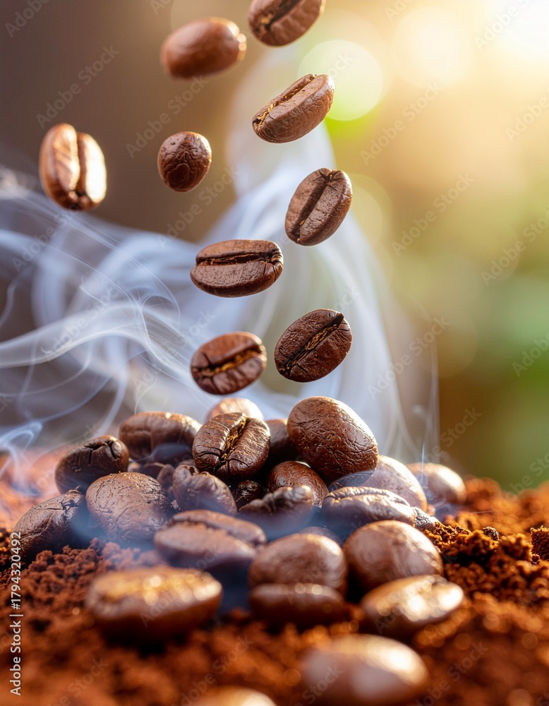 Obraz premium Roasted coffee beans hovering and falling with subtle smoke and light, creating a dramatic, aromatic close-up.