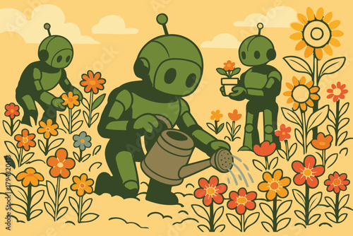 Three friendly green robots tending to a vibrant garden filled with colorful blooming flowers on a sunny day