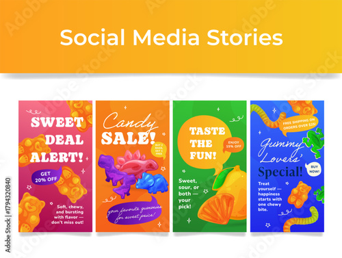 A vibrant gummy candy story template for social media to promote promotions and delicious offers.