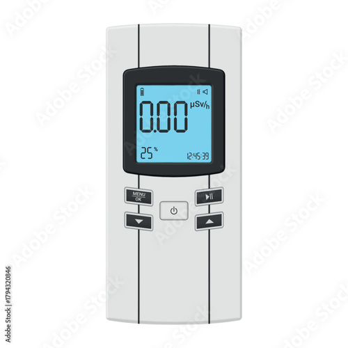 An illustration of a pocket radiation meter displaying radiation levels and battery status on a digital display