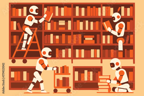 Robots diligently organizing and shelving books on tall wooden library shelves in a warm inviting and technologically advanced learning environment