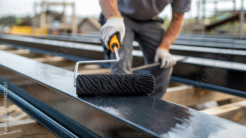 Worker Painting Steel Beams with Roller Brush