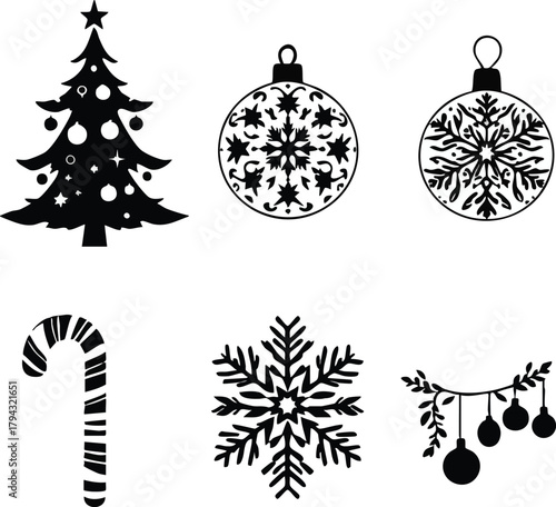 PrintBlack Christmas icons set with tree, ornaments, snowflake, candy cane, and garland vector illustration