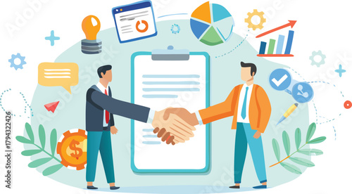 Diverse business professionals in formal attire joyfully shaking hands celebrating a successful agreement and partnership with a bright clean background