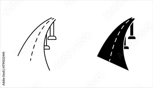 Curved Road and Bridge Overpass Line Art icon set. vector illustration, pictogram isolated on white background. color editable