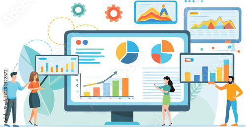 Diverse group of business professionals collaborating and analyzing colorful data charts and graphs showcasing teamwork and financial insights