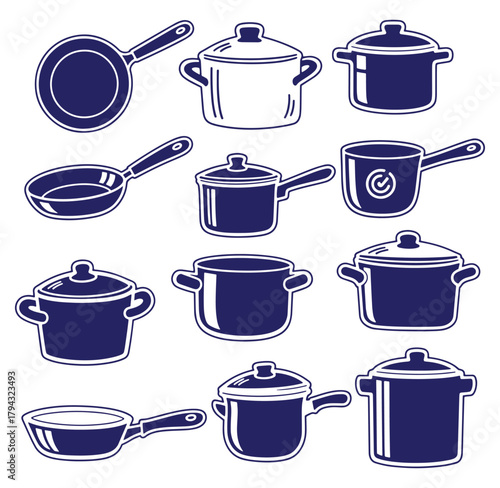 Collection of cookware illustrations with various pots and pans for culinary designs