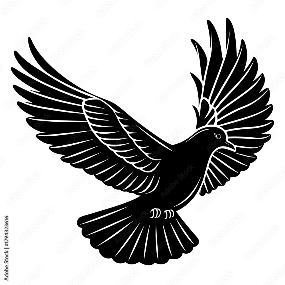 Obraz premium Stylized flying dove silhouette, bird with spread wings vector illustration, symbol of peace