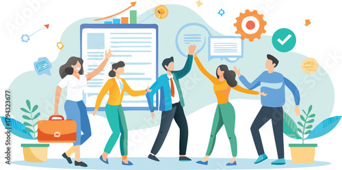 Diverse business team celebrating a successful project completion with a high five symbolizing teamwork achievement and positive collaboration in a modern office setting