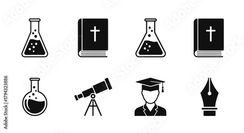 Vector icon set of eight black icons representing education and science