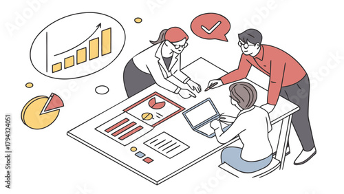 Diverse group of business professionals collaborating and analyzing marketing strategies in a modern office setting showcasing teamwork and strategic planning