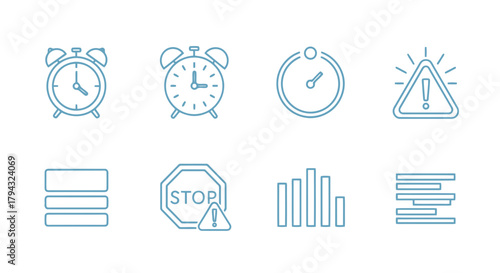 Vector icon set of blue outline icons for time, warning, and data analysis