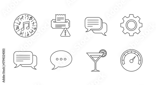 Vector icon collection of black outline icons for music, communication, and services