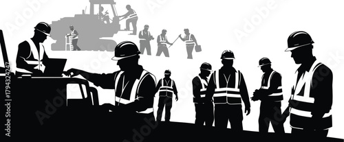 Construction workers and heavy machinery in silhouette tractor