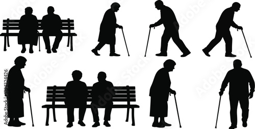 Elderly people silhouettes walking and sitting on benches with canes seniors old age