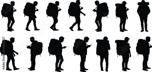 Group of Backpackers Silhouettes Walking Together people