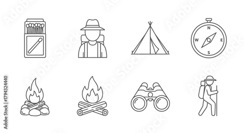 Vector icon camping and outdoor adventure line icons