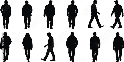 Group of black male and female walking silhouettes on white background people