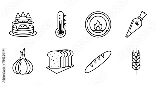 Vector icon set of line icons for baking and cooking ingredients and tools