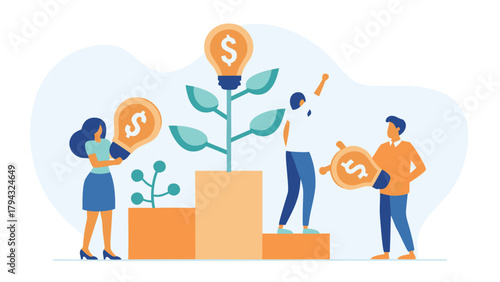 Diverse group of professionals celebrating business success and innovative idea growth with vibrant dynamic graphics