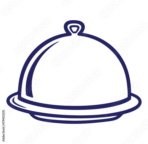 Minimalist blue and white outline illustration of a covered serving dish cloche for culinary presentations