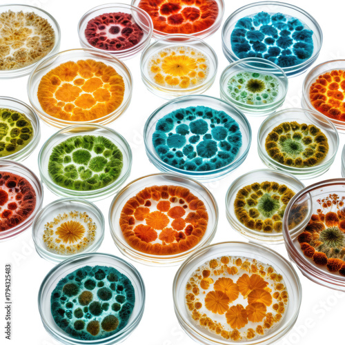 Cultures Assortment of colorful petri dishes with growing organisms