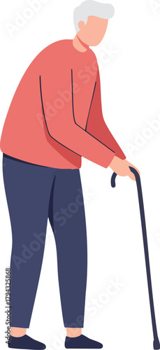An elderly man with arthritis leaning on a cane while standing against a clean white background with a subtle hint of concern.