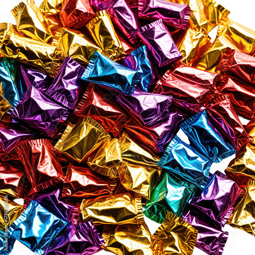 Foil-wrapped candy pile, vibrant colors. Festive, treats, close-up view